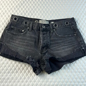 Free People Cut Off Frayed Cuffed Hem Mid Rise Denim Shorts Grommet Waist  Sz 26
